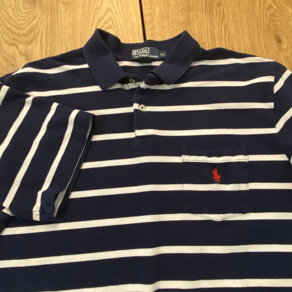 Vintage Polo Ralph Lauren Blue White Striped Collard Shirt Mens XL‎ Pocket Polo